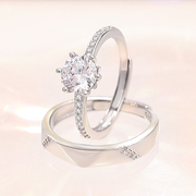925纯银1克拉钻戒仿真钻石戒指女结婚求婚情侣可调节对戒订婚指环