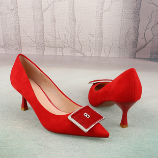红色绒布尖头水钻马毛扣饰细跟高跟优雅女鞋子气质浅口单鞋N33-2