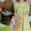 苯小双原创夏季青苹果绿色裙子刺绣蕾丝甜美泡泡袖娃娃裙连衣裙