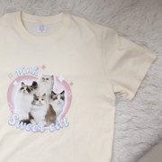 原创日系短袖t恤女甜美可爱ins小猫印花正肩纯棉半袖打底上衣夏女