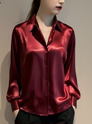 枣红色醋酸缎面衬衫女春季高级垂感法式通勤衬衣丝绸长袖上衣