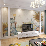 温馨淡雅手绘向日葵壁画3d美式乡村田园壁纸，客厅电视沙发背景墙布