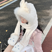 可爱狐狸耳朵护耳帽女冬季韩版围巾帽子一体高级感保暖毛绒三件套