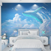 北欧儿童房壁纸海洋云朵，鲸鱼男女孩，定制壁画客厅卧室墙布背景墙纸