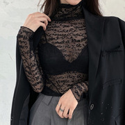 2021春季高领蕾丝打底衫女网纱字母提花黑色性感内搭长袖上衣