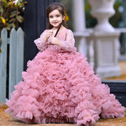 粉色儿童礼服女童走秀公主，裙花朵贴花蛋糕，裙生日钢琴演出服装拖尾