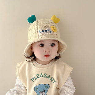 儿童帽子秋冬季可爱小爱心针织毛线，帽男女宝宝加厚保暖渔夫帽盆帽