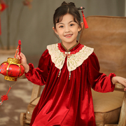 女童中国风云肩刺绣领子，2023秋季长袖连衣裙，金丝绒复古连衣裙