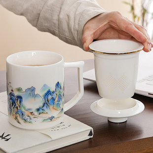 茶水分离杯办公室带盖过滤大容量，喝水杯子马克杯，家用泡茶杯陶瓷