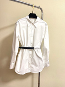 腰部腰带设计白色翻领长袖棉质衬衣