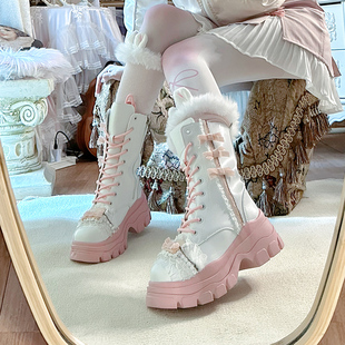pinkyo原创甜美公主，风马丁靴女2023秋冬蝴蝶结，设计厚底靴子