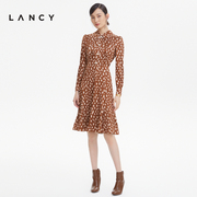 lancy朗姿2022秋季衬衫，领印花长袖，中长款收腰高级连衣裙子女