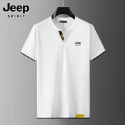 jeep吉普短袖t恤男士夏季薄款v领白色，体恤2024假两件上衣服男