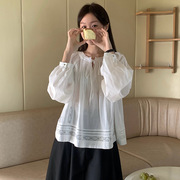 jumporange 镂空花边圆领系带白色长袖衬衫商业2024早春