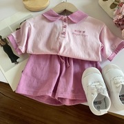 领短袖+短裤两件套亲子家2024年女童紫色系夏季韩版套装潮