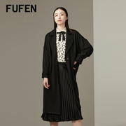 fufen福芬春秋黑色风，衣女外套气质西装领大衣上衣fy-14746