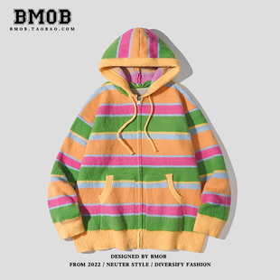 bmob美式复古彩虹条纹针织毛衣，开衫男女春秋，宽松休闲拼色连帽外套