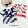韩国单110-160女宝儿童夏季纯棉宽松条纹海军风刺绣圆领短袖T恤