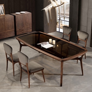 北美黑胡桃木钢化玻璃餐桌长方形2米意式餐台简约现代设计师家具