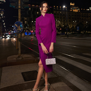 sensebymei摩登诠释新中式，现代旗袍深紫色，修身连衣裙轻礼服