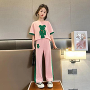 女童炸街套装夏季韩版中大童，儿童网红小熊，短袖t恤休闲长裤两件套