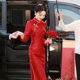 红色新娘敬酒服改良旗袍，新中式婚礼结婚订婚礼服，裙长款孕妇大码