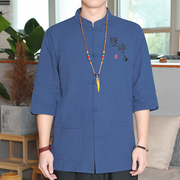 中国风棉麻男衬衫复古风唐装汉服七分袖立领中山T恤短袖麻男上衣