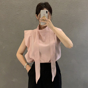 韩国chic夏季法式气质立领飘带设计宽松休闲百搭纯色无袖雪纺衬衫
