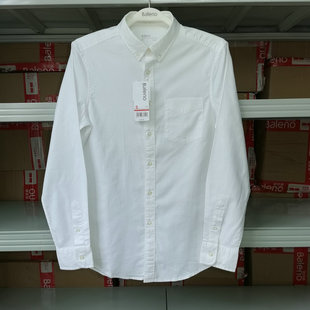 Baleno班尼路衬衫男装棉料牛津纺纯色微弹力修身休闲长袖衬衫白色