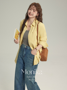 摩妮卡大码女装黄色正肩显瘦衬衫胖mm设计感早秋遮肉秋装上衣