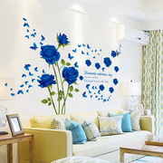 温馨蓝色玫瑰花卧室房间墙面装饰墙纸，贴画自粘客厅，电视背景墙贴纸