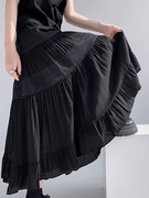 黑色雪纺拼接蕾丝蛋糕半身裙，女夏季2024高腰，垂感a字百褶长裙