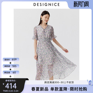 商场同款迪赛尼斯2022夏季韩版设计感短袖碎花雪纺连衣裙女