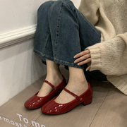 oceanone法式玛丽珍一字带单鞋，复古红漆皮粗跟女鞋方头伴娘鞋子