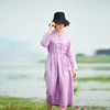 2019秋季棉麻圆领收腰长袖，连衣裙粉亚麻，紫色中长裙