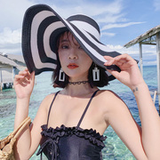 帽子女夏季海边超大帽檐，遮阳夏天出游黑白，条纹防晒大沿沙滩草帽
