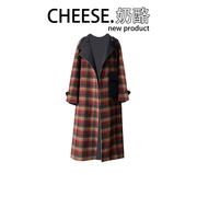 cheese奶酪圣诞战袍小立领毛呢外套女秋冬季韩版中长款宽松大衣
