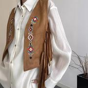 民族风复古刺绣流苏短款马甲，外套女波西米亚，开衫背心上衣外搭旅行