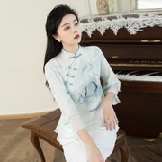 中国风茶服女水墨仙气雪纺上衣白色中式采耳复古改良汉服禅意女装