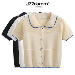 jzzdemm镂空肩花边娃娃领针织，短袖女夏薄款设计感修身短款上衣潮