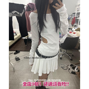 eihey诶嘿不规则圆形剪裁镂空长袖，上衣+抽绳松紧腰半身裙短裙套装