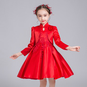 儿童礼服春秋款大红色，中大童装连衣裙长袖，女童公主裙2件套装韩版