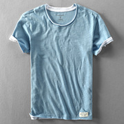 男士棉T恤夏季休闲薄款棉料水洗做旧短袖t恤打底衫-雨淋