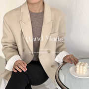 韩国东大门羊毛大衣女，韩版衬衫摆假两件翻领，西装羊绒外套898