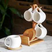 现代简约咖啡杯碟套装创意6件套陶瓷水杯茶具，带架子竹制旋纹底碟