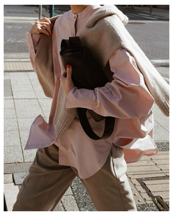 24春夏日系设计感通勤OL简约小立领宽大灯笼袖长袖粉色衬衫衬衣女
