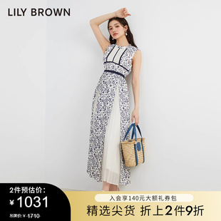 lilybrown春夏款，新中式印花无袖百褶拼接连衣裙lwfo231027