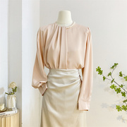 法式钉珠圆领缎面长袖衬衫女春季设计感纯色气质醋酸上衣通勤衬衣