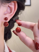 新年本命年红色珍珠耳钉网红轻奢小众设计感后挂式耳环耳饰潮