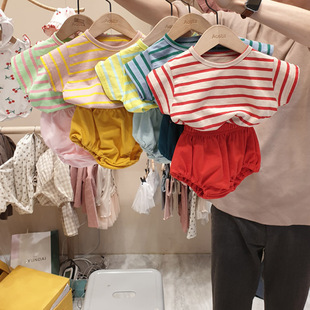 韩国婴儿夏装儿童短裤套装，男女宝宝休闲宽松纯棉条纹t恤两件套潮